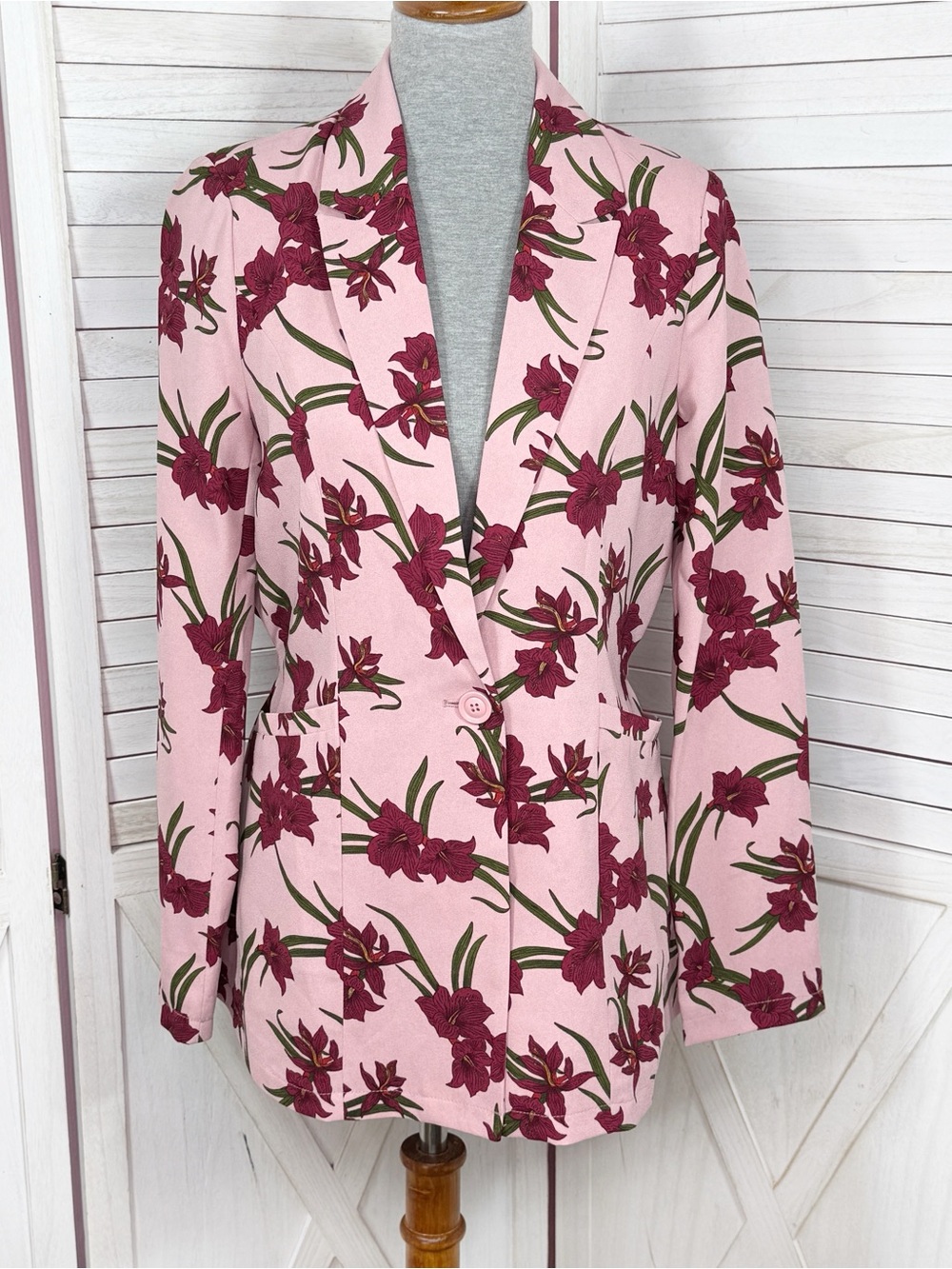 JustFab Floral Print Single Breasted Blazer Jacket Rose Pink Burgundy Small